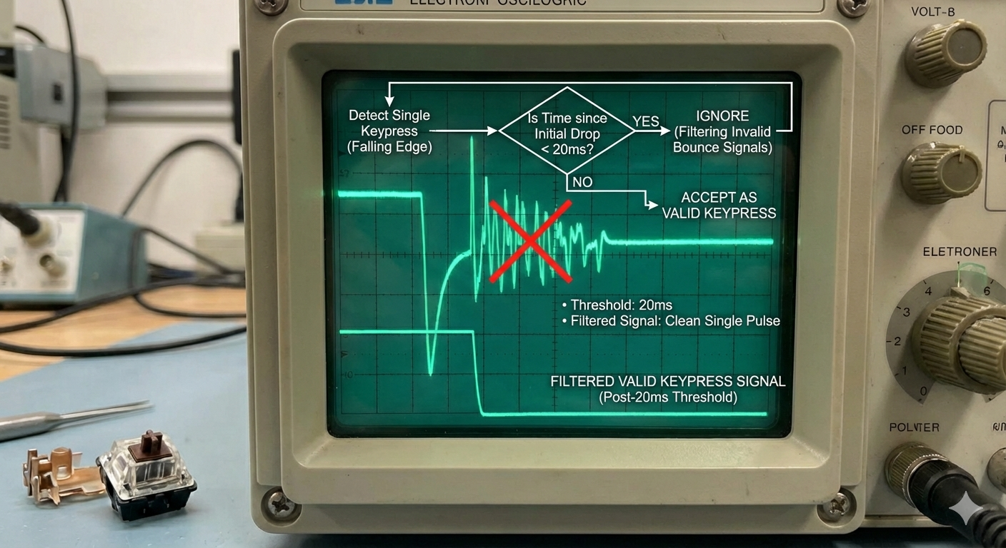 Diagram of keyboard debounce algorithm – filtering invalid bounce signals under 20ms