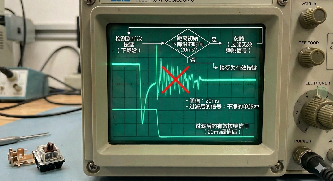 键盘防抖动算法逻辑图：展示了如何通过设置时间阈值过滤掉 20ms 以内的无效弹跳信号