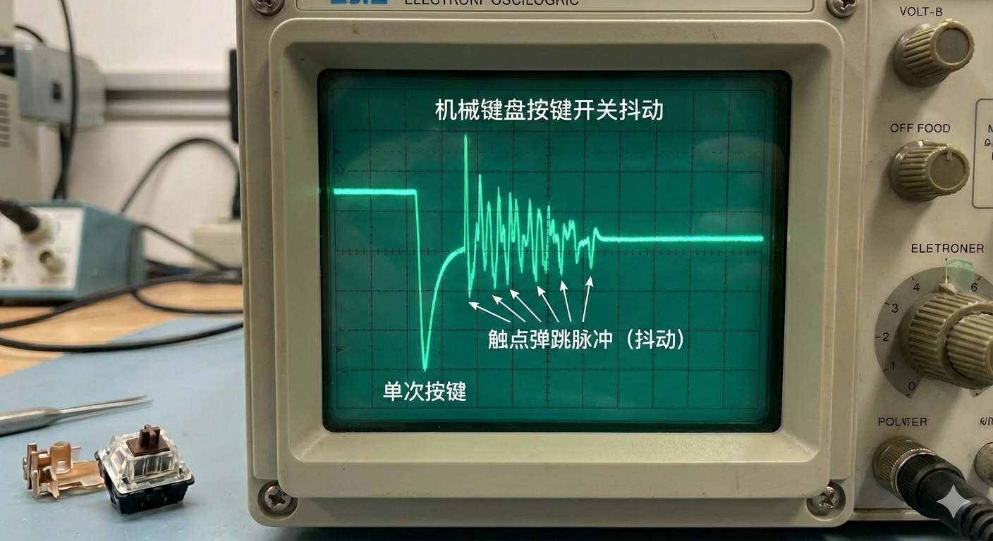 机械键盘轴体触点弹跳（Chattering）波形示意图，展示了单次按键产生的多个异常电脉冲
