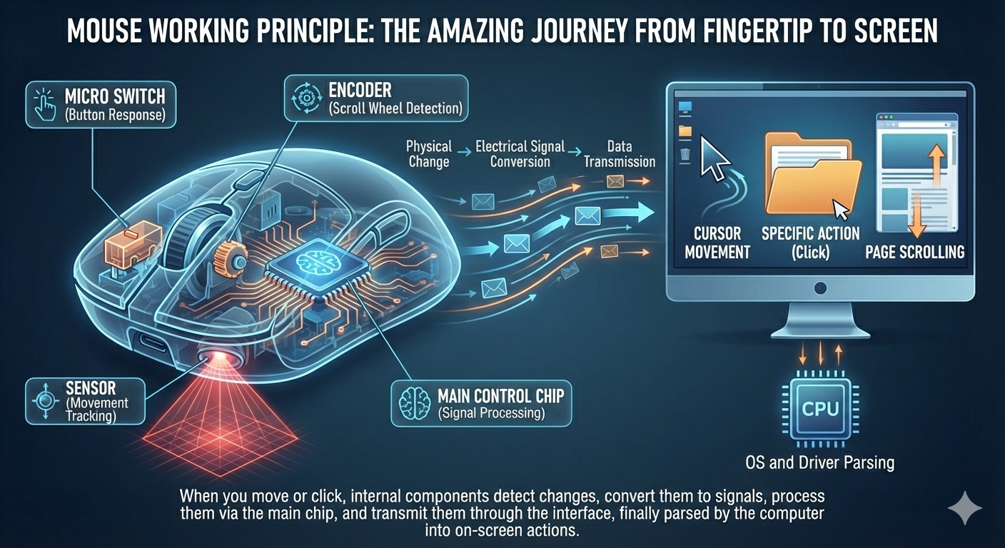 Mouse working principle diagram showing complete process from physical input to system processing