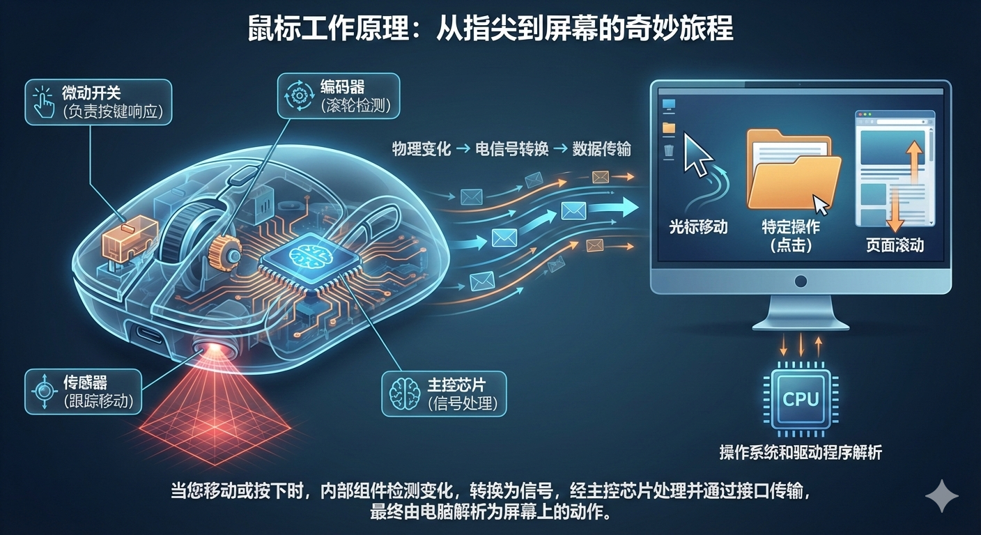 鼠标工作原理示意图：展示从物理输入到系统处理的完整流程